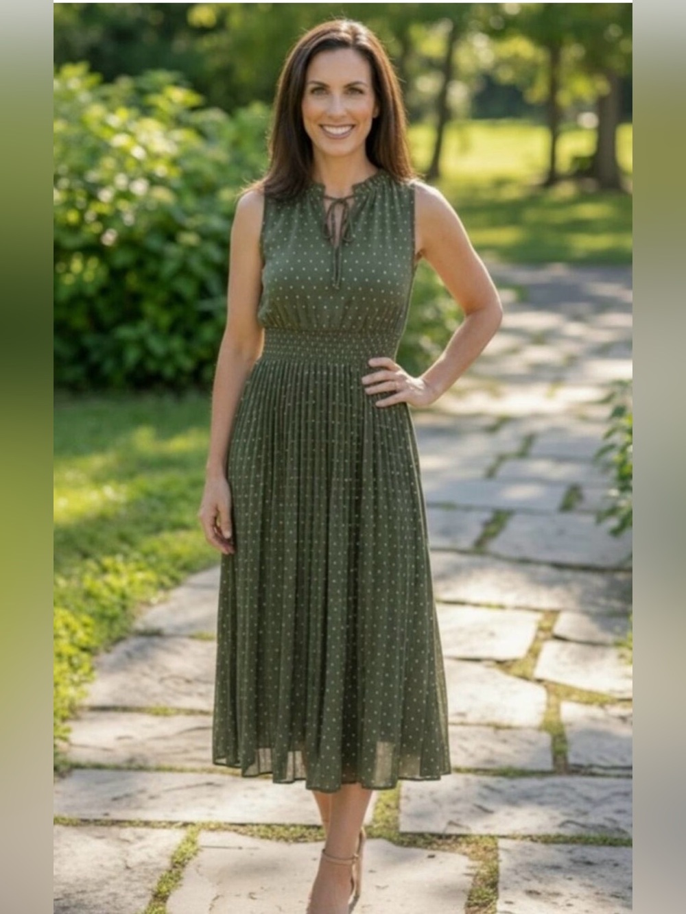 PrettyGarden Swiss Dot Pleated Midi Dress Olive Green Tie Neck NWT Small
